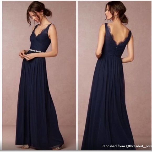 Hitherto Dresses & Skirts - BHLDN Hitherto V Neck Fleur Lace Tulle Formal Bridesmaid  Maxi Dress Navy Size 4